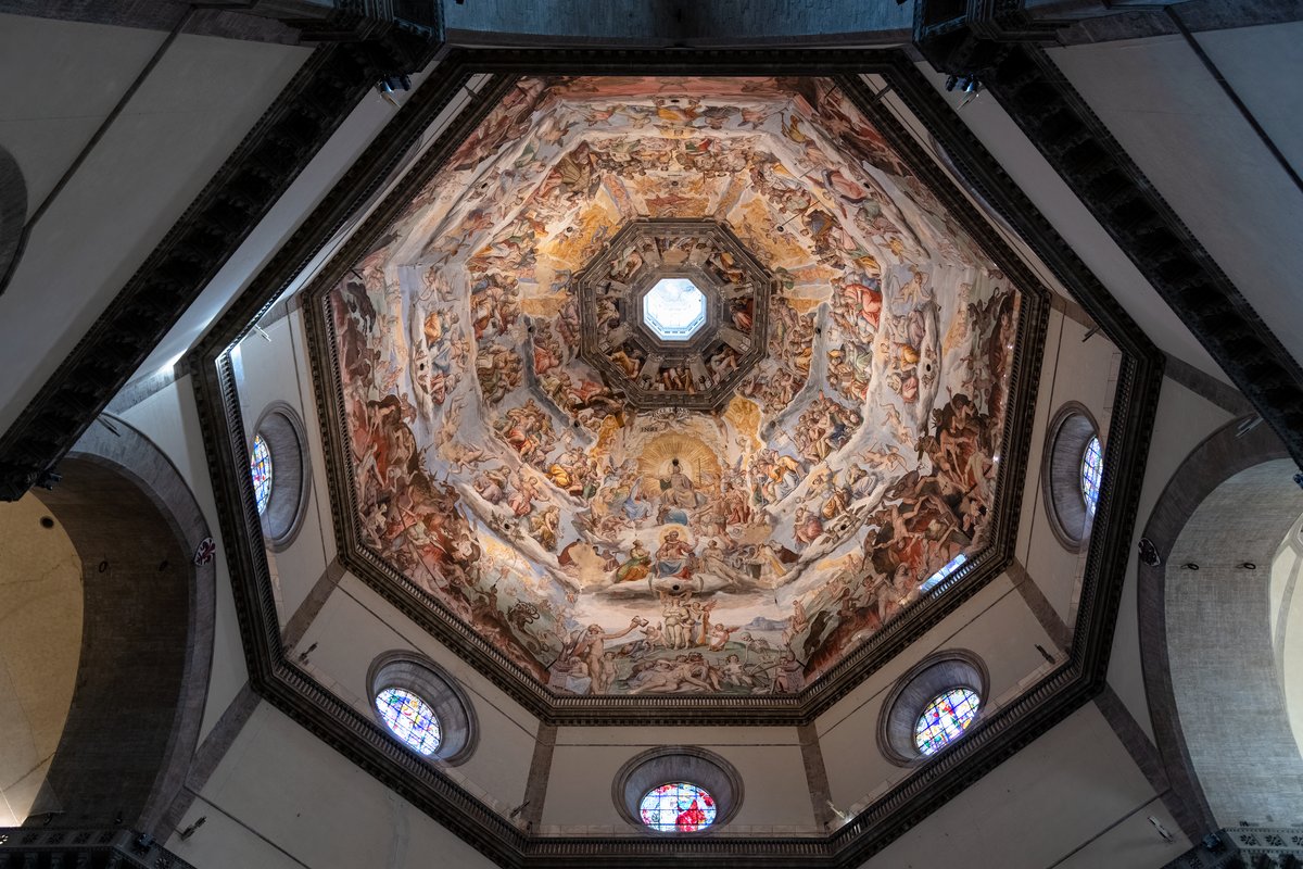 Looking up inside Brunelleschi's dome at the Last Judgment fresco by Vasari and Zuccari