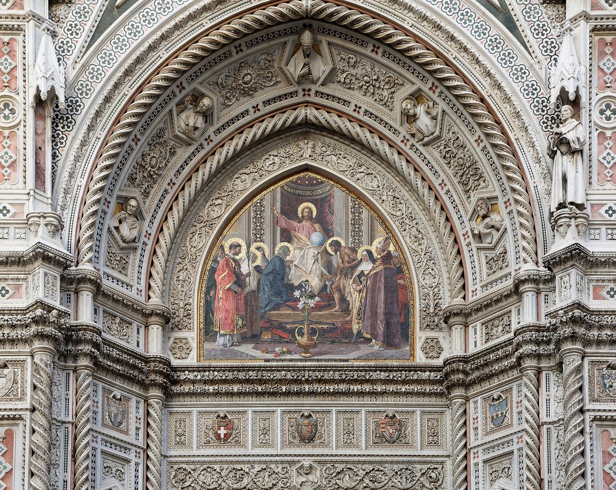 A detail of the carved and mosaic façade of Florence Cathedral