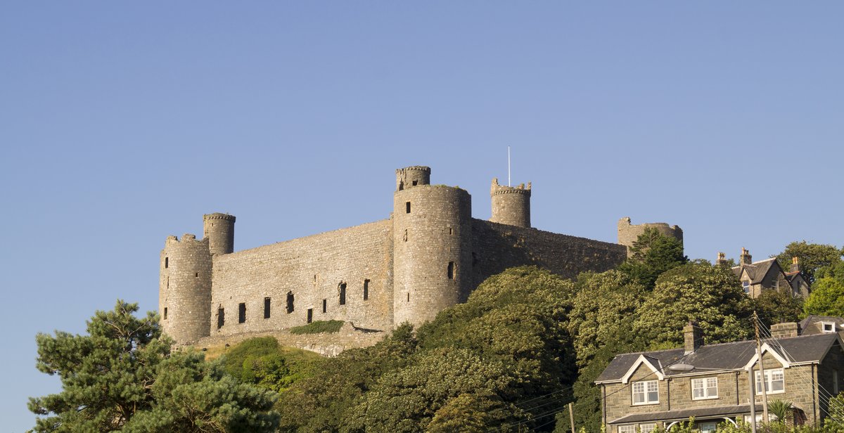Harlech Castle on its rocky crag above the town of Harlech in North Wales