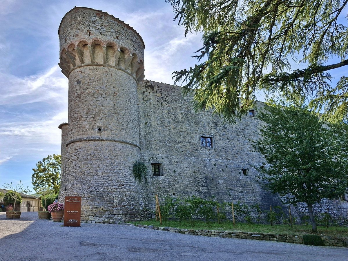 Detail of a cylindrical tower of the Castello di Meleto, with stone corbels beneath its crown