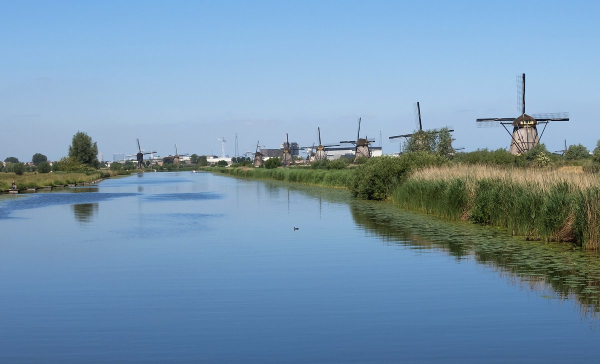 The line of windmills at Kinderdijk along a canal