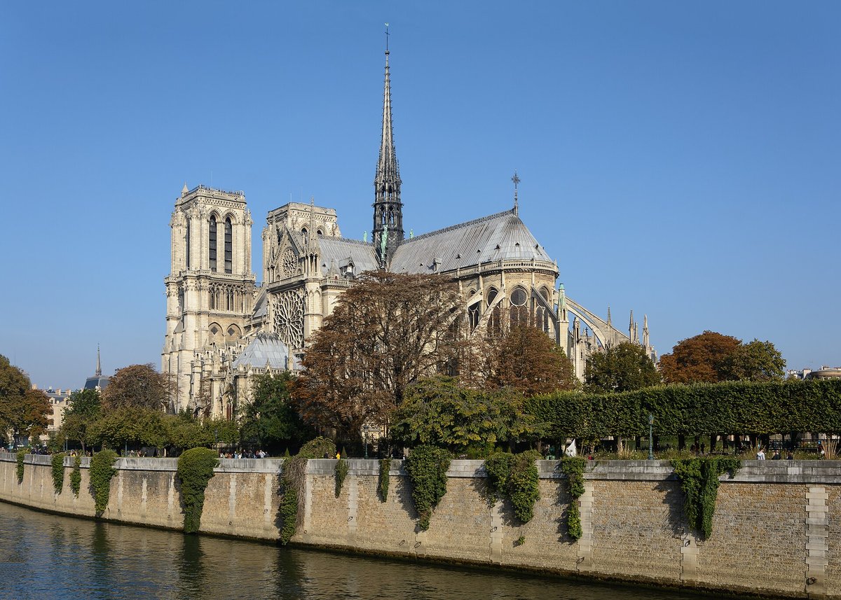 Notre-Dame de Paris seen from the Seine, with its spire