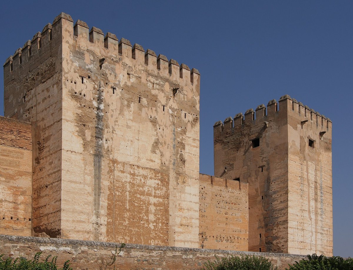 The massive square towers of the Alcazaba at the Alhambra