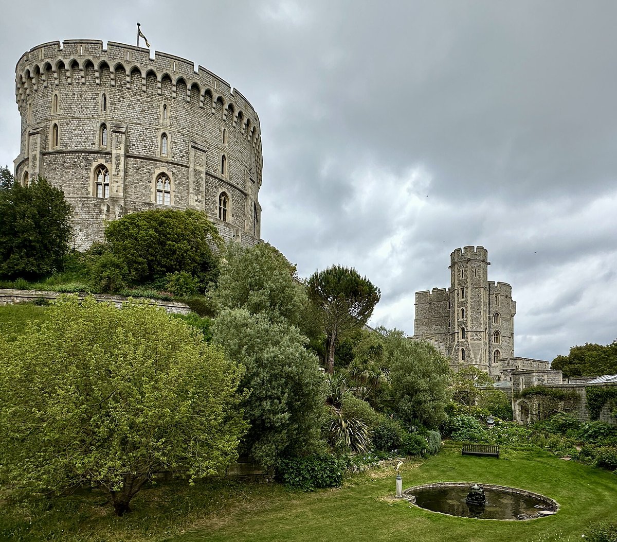The great Round Tower of Windsor Castle rising above the Moat Garden