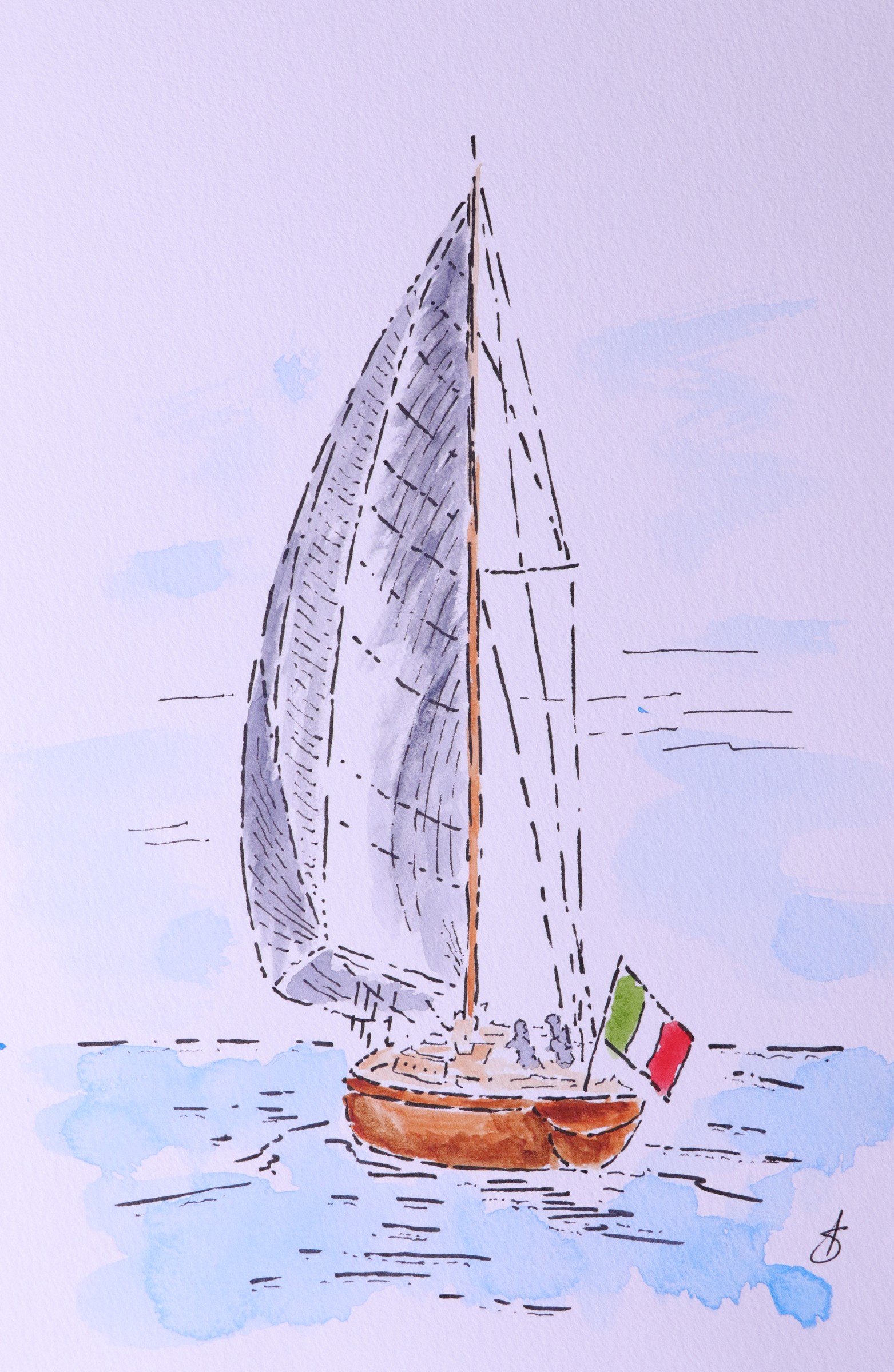 A Classic Wooden Sloop under Sail — original ink and watercolour