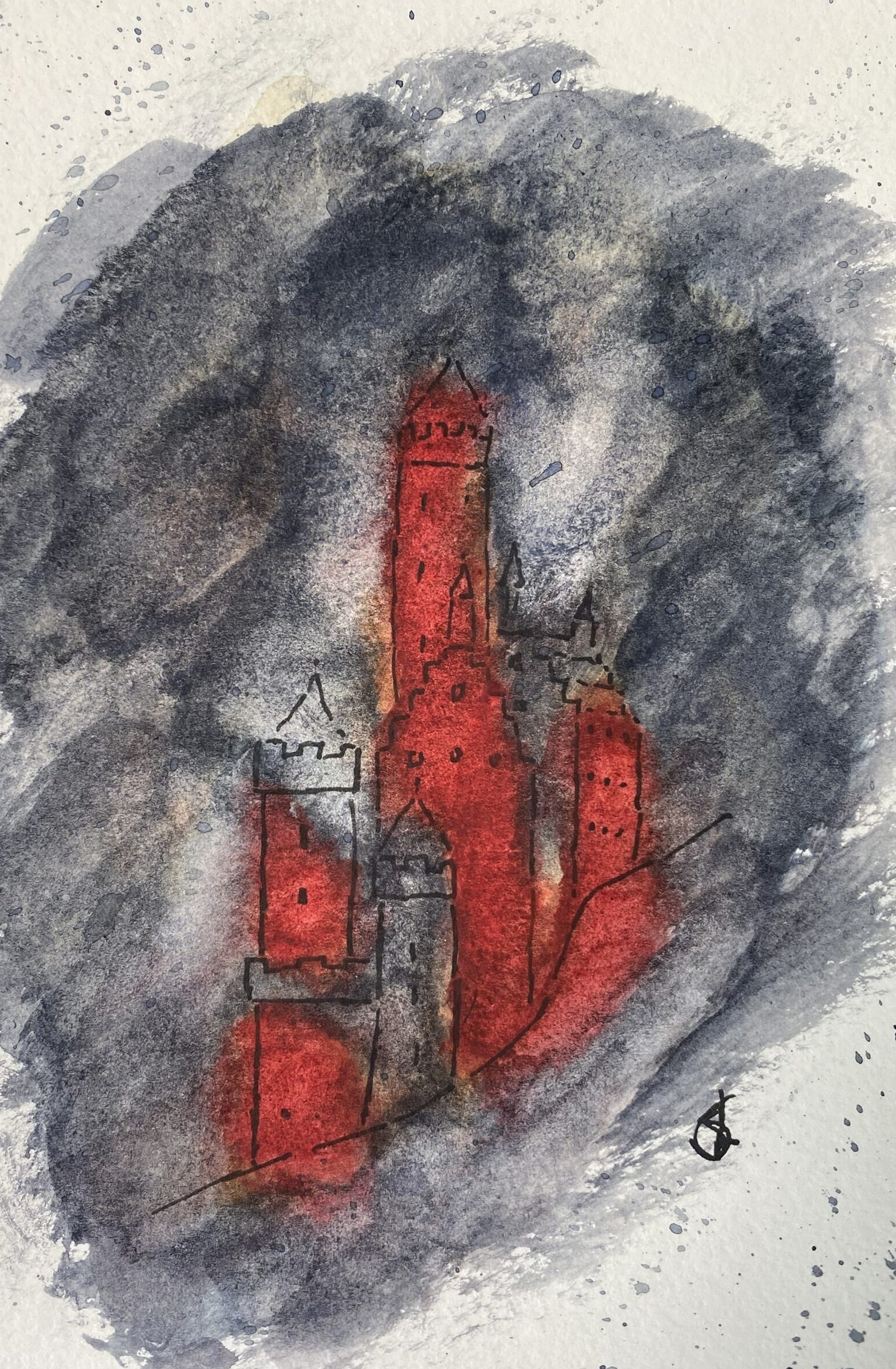 A dark, burning fantasy Castle in a Storm