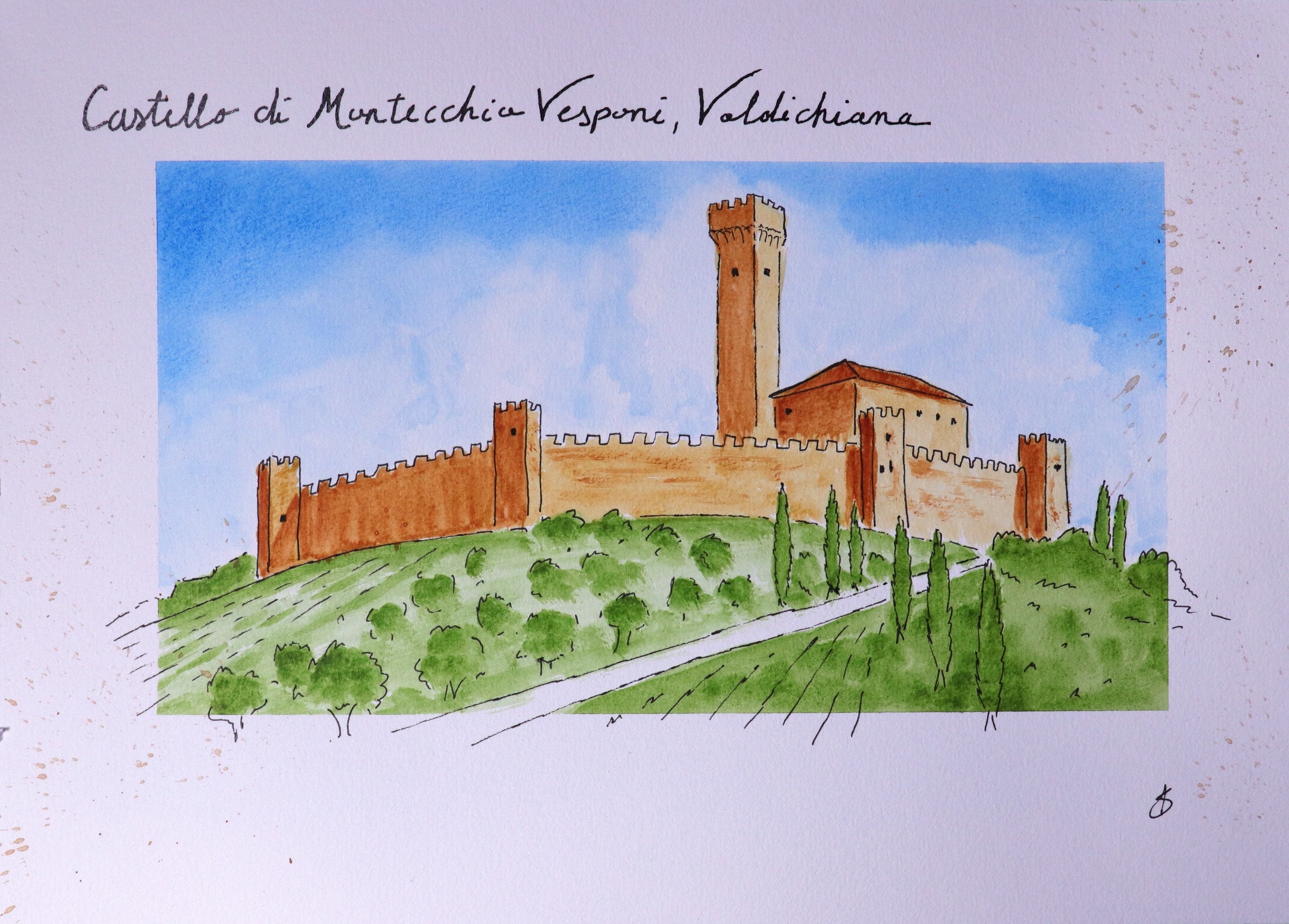 Castello di Montecchio Vesponi, Valdichiana — original ink and watercolour