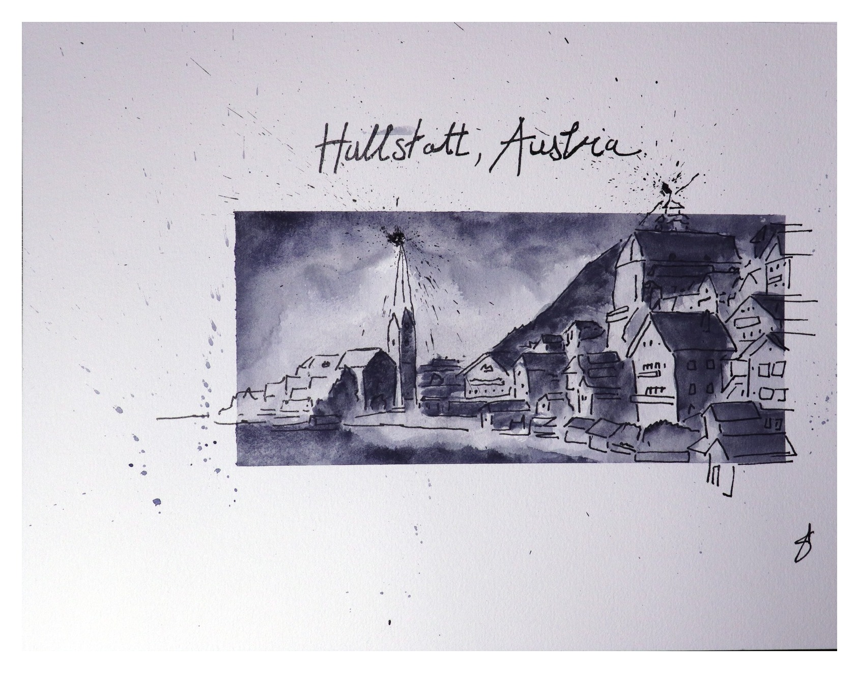 Hallstatt sul lago — original ink and watercolour