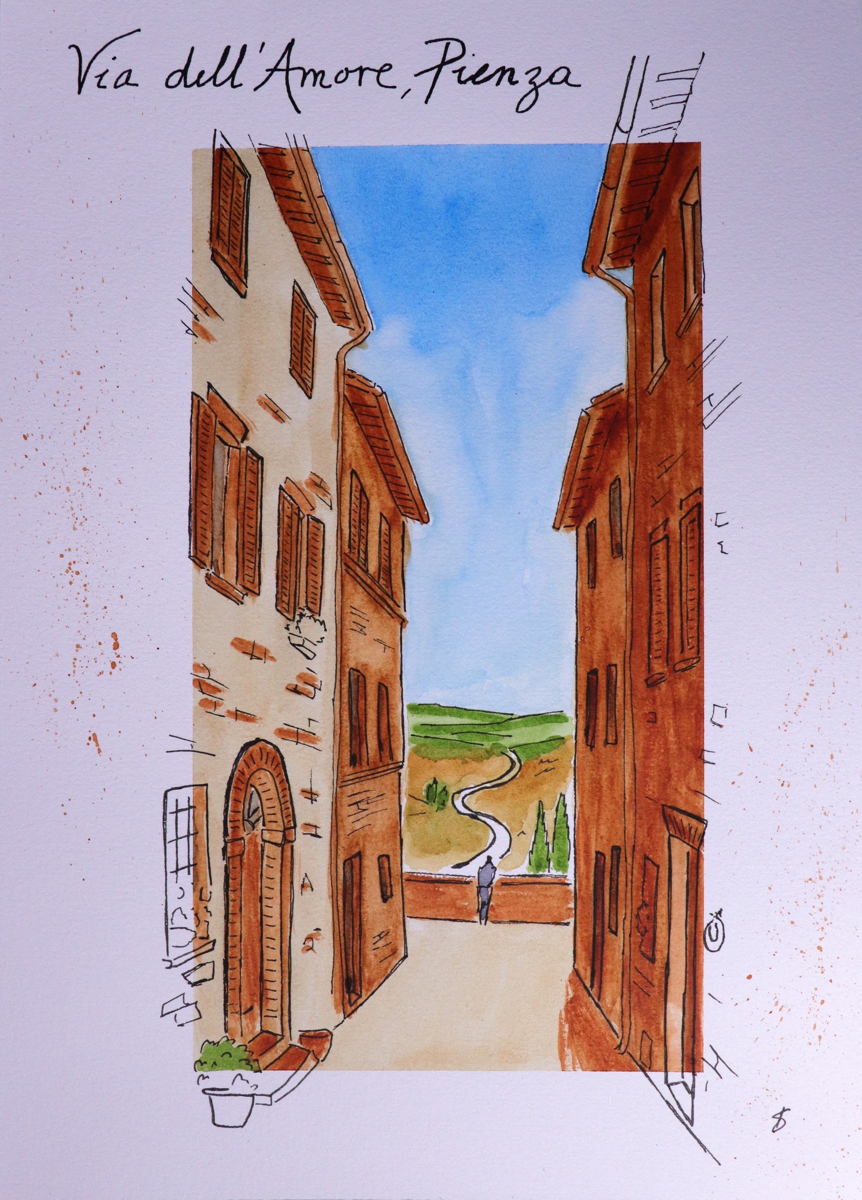 Via dell’Amore, Pienza — original ink and watercolour