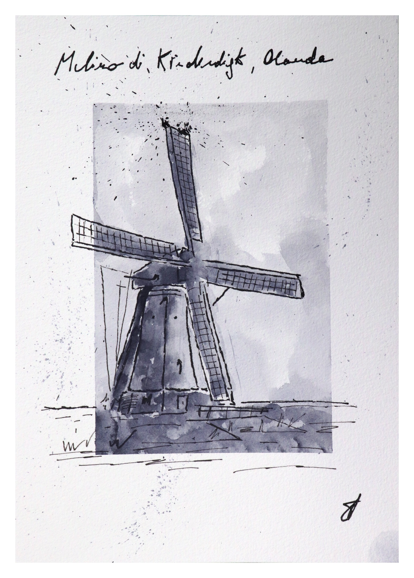 Mulino di Kinderdijk — original ink and watercolour