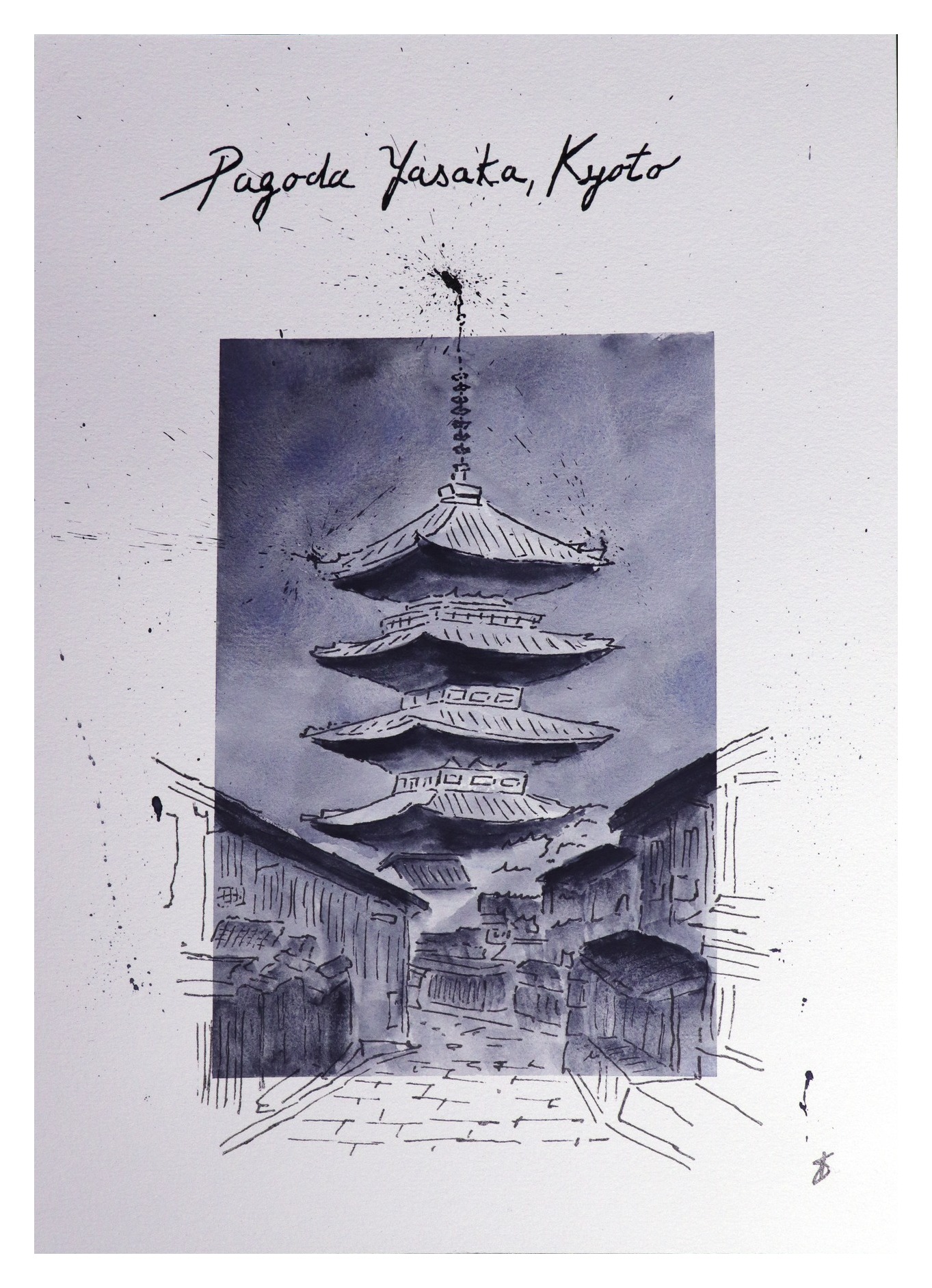 Pagoda a Kyoto — original ink and watercolour